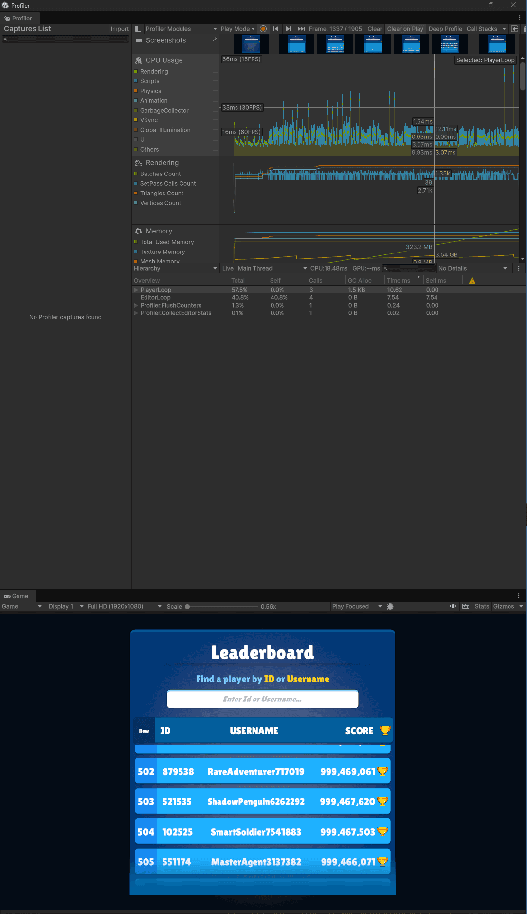 Unity Profiler and the Game View of the leaderboard during a search